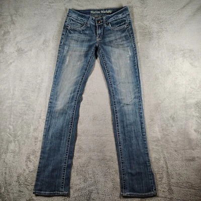 Women's MW Jeans Sz 28 Embroidered Pockets Rhinestone Contrast Stitching Stretch - Image 1 of 4