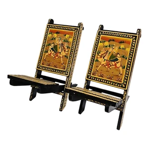 Coppia Sedia bassa decorativa indiana d'epoca dipinta a mano, arte del Rajasthan - Foto 1 di 12