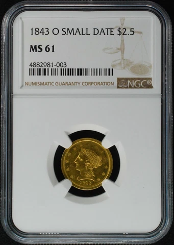 1843-O SMALL DATE,$2 1/2 LIBERTY HEAD QUARTER EAGLE,NGC MS61,VARIETY 8,BREEN6172 Cover