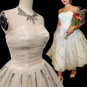 Vtg 50s Prom Dress White Tulle XS/S Strapless Silver Sequin Geometric Flared - Picture 1 of 18
