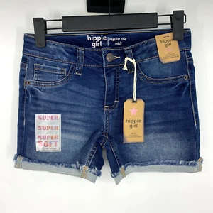Hippie Girl Denim Shorts Kids Size 10 Midi Blue Soft Stretch Adjustable Fray Hem - Picture 1 of 6