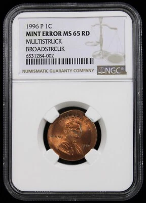 1996-P Lincoln Cent NGC MS65 MAJOR ERROR Multistruck & Broadstruck - Error Slab - Image 1 of 2