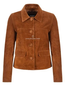 Damen Box Knöpfe hellbraun Wildleder Echt Leder Jacke Cropped klassischer Stil Jacke - Bild 1 von 6
