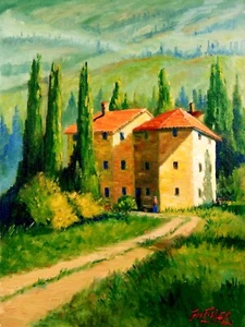 Tuscany Italian villa building Impressionist Landscape Original Oil Painting - Picture 1 of 4
