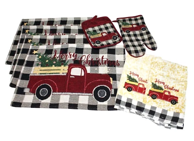 8 pc Merry Christmas Placemats - Great Buffalo Plaid Vintage Truck Kitchen Decor - Image 1 of 4