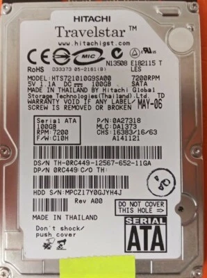 ⭐️⭐️⭐️⭐️⭐️ HDD Hard Drive SATA Laptop 2.5" Hitachi HTS721010G9SA00 100GB A27318 - Image 1 of 2