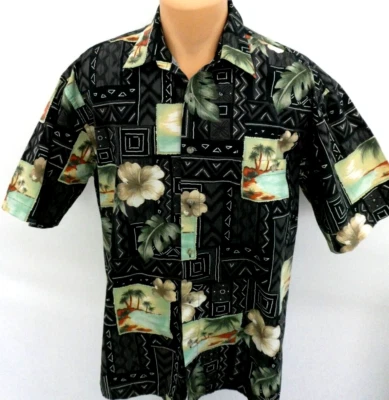 Pierre Cardin Men's L Hawaiian Short Sleeve Shirt  Black Tropical Island Print - Image 1 of 4