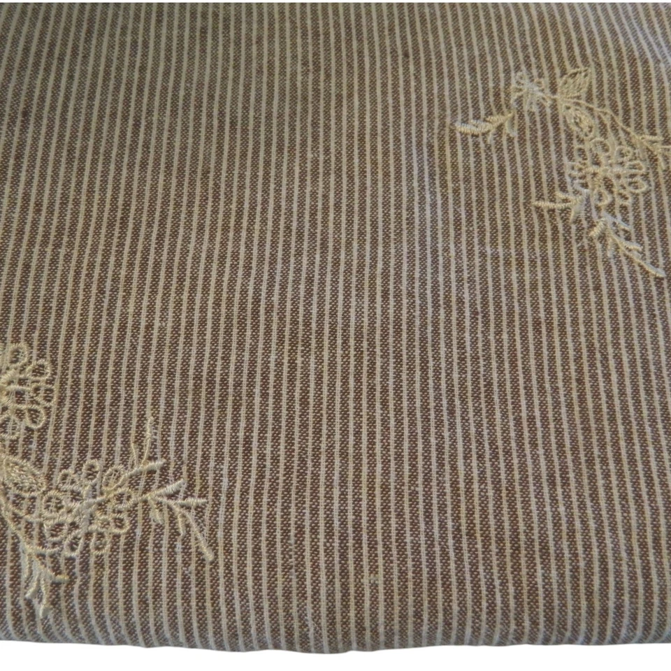 Brown and White Stripe Linen Fabric with Embroidered Flowers - Image 1 of 1