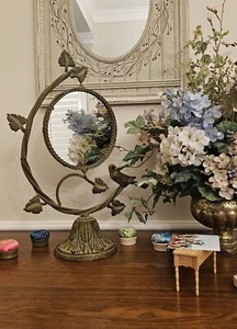 Vtg 19" Tall Iron Metal Round Mirror Stand Swivels With Bird & Ivy Vine Frame - Picture 1 of 10