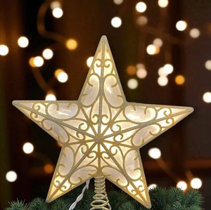 12" Plug-In beleuchtet GOLD Glitzer Stern Baumspitze Weihnachten Weihnachtsbaum Topper - Bild 1 von 6