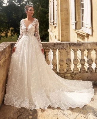 Elegant A-Line Wedding Dresses O-Neck Long Sleeves Lace Appliques Bridal Gowns - Image 1 of 4