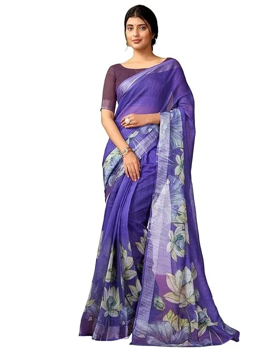 Sari para mujer de algodón y lino estampado listo para usar con pieza de blusa Foto 1 de 1