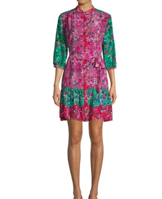 Vestido Camisa SALONI Tyra Estampado Seda EE. UU. 4 Tie-Dye Prado Verde Rosa Foto 1 de 4