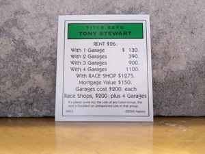 TARJETA DE TÍTULO DE LA SERIE MONOPOLY NASCAR NEXTEL CUP VERDE TONY STEWART - Imagen 1 de 2