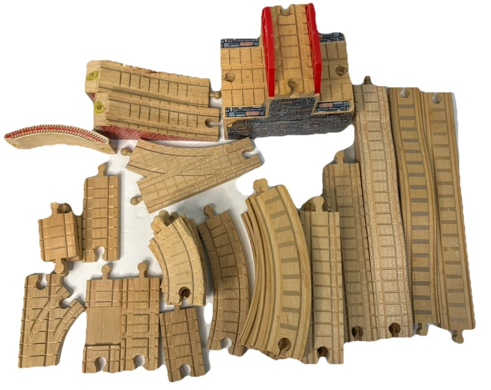 Melissa & Doug Wooden Railway Train Set Lot + Other Wooden Railroad Pieces - Image 1 of 4