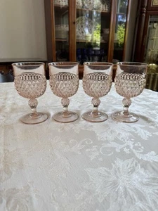 4 Pink Depression Glass Indiana Glass Diamond Point Footed Goblets - Picture 1 of 10
