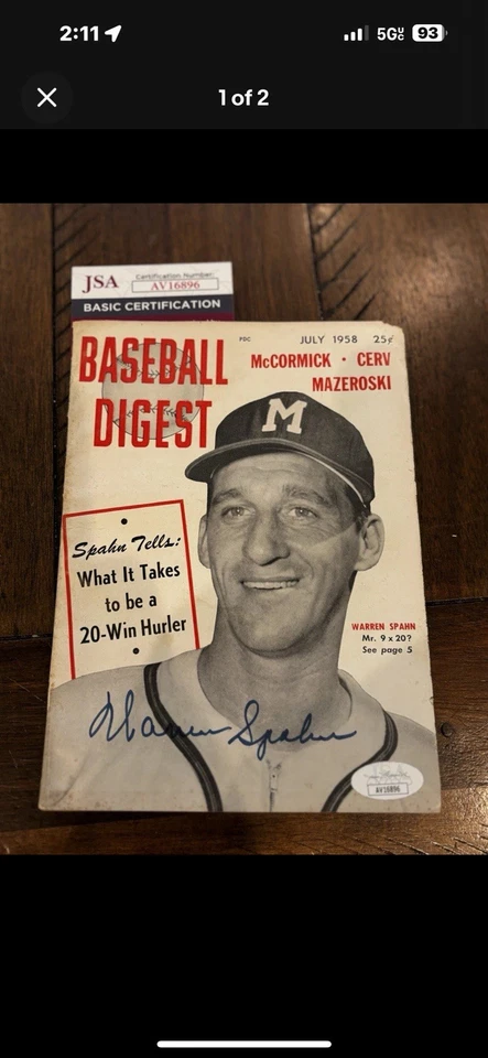 Warren Spahn Signed Autographed Magazine Baseball Digest 1958 Braves JSA AV16896 - Image 1 of 2