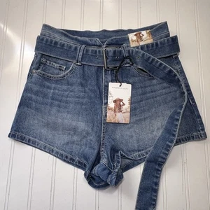 Sincerely Jules 3/26 NWT Belted Super High Rise Denim Jean Shorts Light Wash - Picture 1 of 9