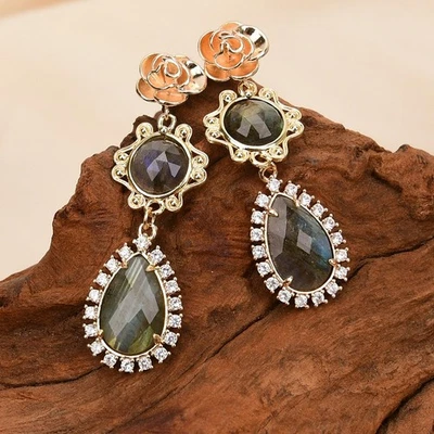 Natural Faceted Labradorite Gemstone Quartz Dangle Earrings Boho Jewelry - image 1 of 4