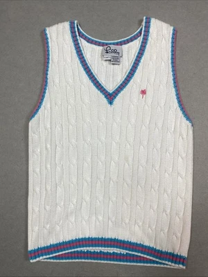 Colete suéter Lilly Pulitzer malha cabo branco gola V tamanho grande algodão - Imagem 1 de 4