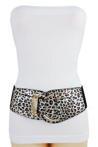 Women Black Leopard Animal Print Stretch Band Hip Waist Belt Hook Buckle L XL