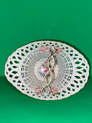 Romanian MOGA Porcelain Basket Lattice Bowl Handpainted Delicate Handmade signed Cover