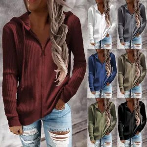 Women Ribbed Hooded Sweatshirt Coat Ladies Long Sleeve Zip Up Hoodie Blouse Tops - Picture 1 of 21