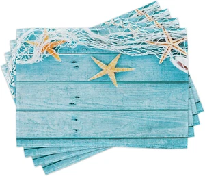 Starfish Place Mats Set of 4, Rustic Wood Boards Fishing Net and the Ocean Anima - Picture 1 of 12