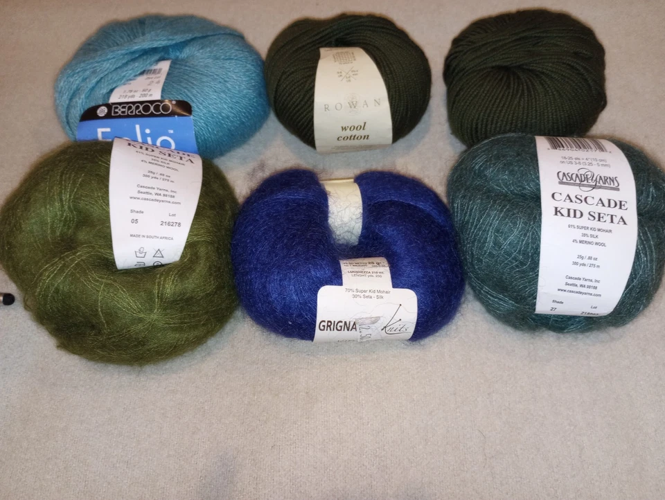 Yarn---6 balls, green and blue, wool, cotton, alpaca, rayon, mohair, silk,  - Image 1 of 1