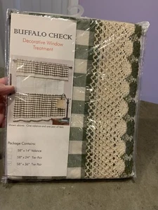 Valance/Tiers Buffalo Check Window Curtain, 58" x 36” Sage & Ivory By Achim NEW - Picture 1 of 6