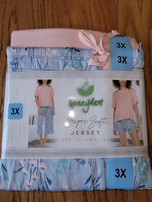 Conjunto de pijama de 3 piezas de jersey súper suave Honeydew para mujer Capri rosa azul floral 2XL Foto 1 de 2