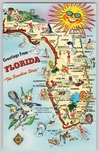 Postcard Greetings From Florida State Map Flag Bird Flower Unposted JF1.55 - Bild 1 von 2