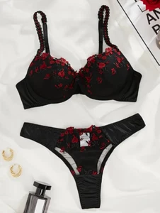 Bügel BH & Tanga schwarz Spitze mit roten Blumen Dessous Sissy sexy Gr. 36D/XL 🔥 - Bild 1 von 4
