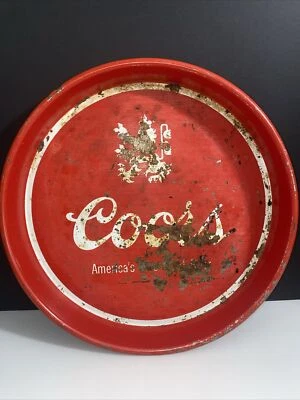 Vtg 1982 Heavy 13" Red Metal Coors Serving America's Fine Light Beer Tray Patina - Image 1 of 4