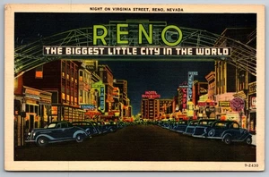 Reno at Night Virginia Street Hotel Riverside Club Tango 1939 Nevada Postcard - Picture 1 of 2