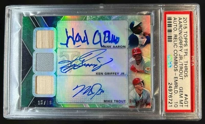 Triple Threads Mike Trout 2015 Hank Aaron Ken Griffey Jr. Auto Relic #/18 PSA 10 Foto 1 de 2