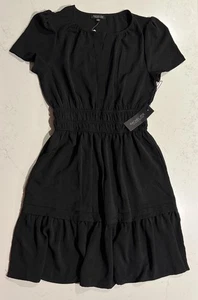 Abito Rachel Zoe piccolo nero scollo a V a strati cappuccio manica fumè lunghezza ginocchio tasca - Foto 1 di 4