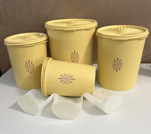 Vtg Tupperware Yellow Harvest Gold 4 Nesting Canister Set with 3 Scoops - Picture 1 of 22