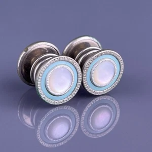 Celadon Blue Mother Pearl Cufflinks Snap Link Button Round Double Side Vintage - Picture 1 of 5