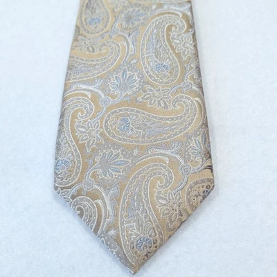 Corbata delgada Joseph Abboud oro pálido plata azul cachemira tejida 100 % seda Foto 1 de 4