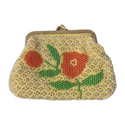 Beaded Kiss Snap Coin Change Purse Hong Kong Yellow With Red Flowers Vintage  - Image 1 of 4