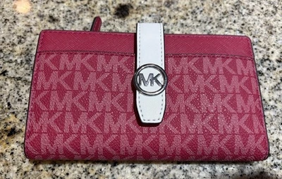 Cartera Michael Kors Greenwich Mediana Doble Plegable Rojo Frambuesa Oscuro Nueva con Etiquetas Foto 1 de 4