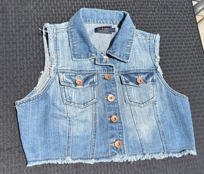 Ci Sono Light Wash Distressed Denim Vest Women Junior Size Large Jean Cropped - Image 1 of 4