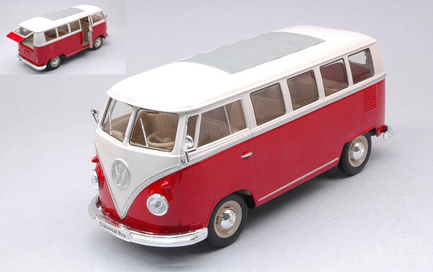 MODELLINO FURGONE EPOCA STATICO WELLY VW T1 BUS 1962 ROSSO/BIANCO SCALA 1:24 - Immagine 1 di 1