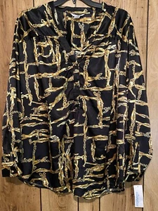 NWT SILHOUETTES 3X Black Gold Equestrian Bridle V-Neck Shirt Blouse Long Sleeves - Picture 1 of 6