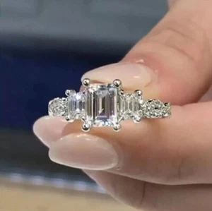 2.15Ct Emerald Cut Real Moissanite 14k White Gold Plated 925 Engagement Ring 7 8 - Picture 1 of 4