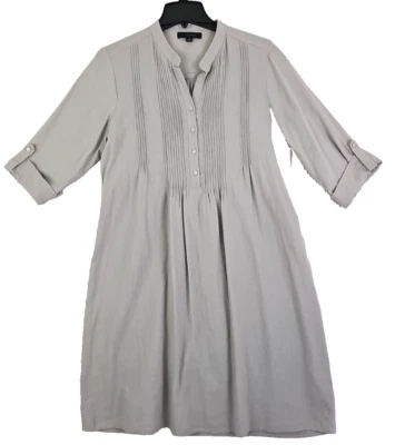 Tahari ~Woman Size S~ Gray Linen Blend Dress Pleated Coastal Roll-Up Sleeves. - Image 1 of 4