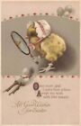 Circa 1913 Easter Wishes Chick Bonnet Magnifying Glass Eggs Embossed Postcard
