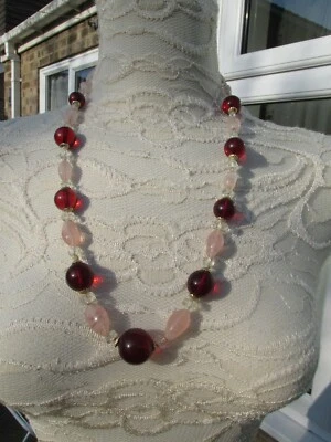 Vintage Art Deco Pink Swirl & Clear Glass with Cherry Amber Bakelite Necklace - Image 1 of 4