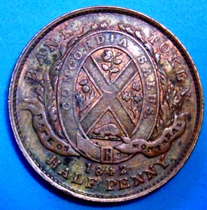 1842 BMO Montreal ein halber Penny 1/2 Cent Kupfer Bankmarke - Bild 1 von 4